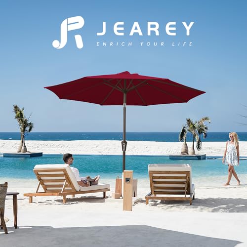 Image of JEAREY 9FT Outdoor Patio Umbrella Outdoor Table Umbrella with Push Button Tilt and Crank, Market Umbrella 8 Sturdy Ribs UV Protection Waterproof for Garden, Deck, Backyard, Pool (Brick Red)