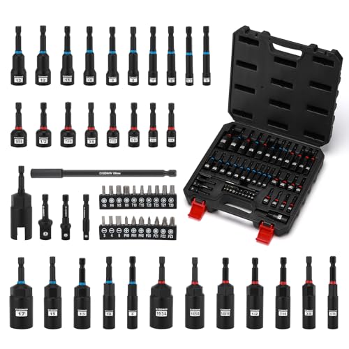 CASOMAN 55-Piece Magnetic Nut Driver Set for Impact Drill, Deep & Shallow, Metric & SAE, Includes Screwdriver Bits, Bit Extension Bar, Socket Adapters & Wing Nut Driver