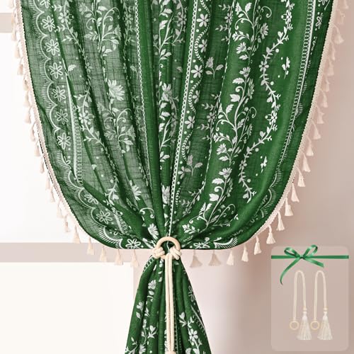 Image of Yinhua Boho Curtains for Living Room 84 Inch Length Vintage Linen Curtains for Bedroom Light Filtering Floral Window Curtain Rod Pocket & Back Tabs Rustic Tassel Drapes with Tiebacks, Olive Green