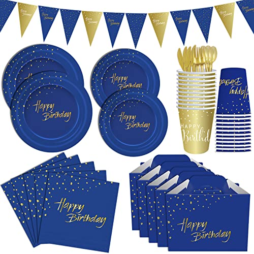 Birthday Party Paper Plates, Napkins, Cups, Cake Box, Triangular Banner, Blue And Gold 181 Pieces Tableware Kits Disposable Party Decorations, Knifes, Forks, Spoons Cutlery Dinnerware Sets Serves 24 #TOP1