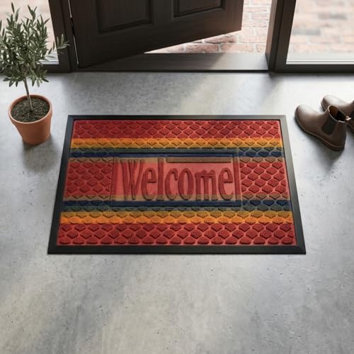 Image of DecorTwist PVC Door Mat 60x40 cm | Heavy Duty Indoor Outdoor Entrance Mat | Anti-Slip Rubber Back | Waterproof Dust & Dirt (Style 2 [ Red Classic Welcome], PVC Door Mat 60 * 40 cm, Pack of 1)