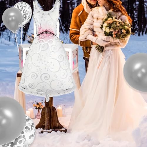 Image of Rozi Decoration Bride Dress Foil Balloon Set, Silver, Wedding Party Decorations, 8 Pieces, Star and Confetti Balloons