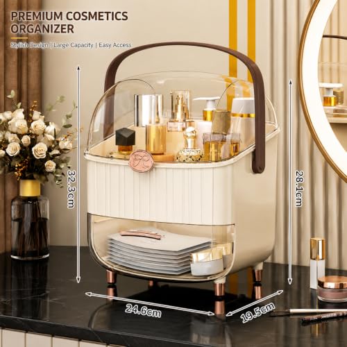 Image of Dravizon Dustproof Cosmetic Storage Box, Cosmetics Skincare Jewelry Lipstick Organizer, Multi-Function Make Up Case, Cosmetics Storage Box, Makeup Organizer with Lid (White) (Cream)