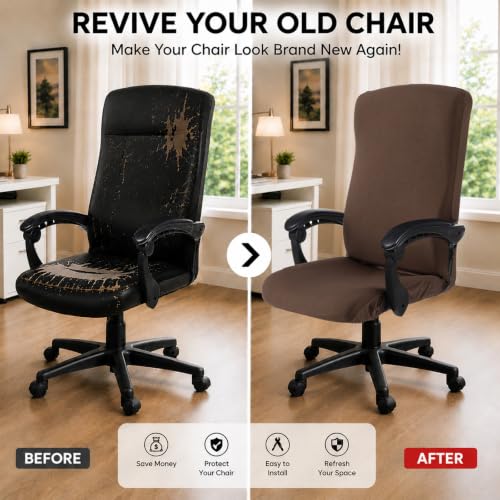 Image of Stretch Computer Office Chair Cover with Durable Zipper - Universal Washable Removable Spandex Rotating Boss Chair Slipcovers - Anti-dust Soft Desk Chair Seat Protector for Dogs, Cats, Pets