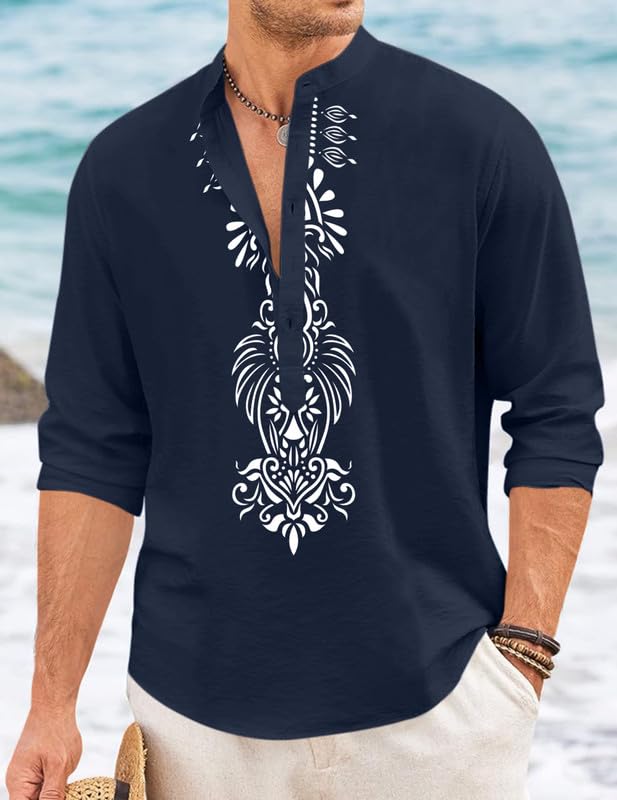 Image of FINIVO FASHION Men's Cotton Blend Short Kurta with Bold Printed Front Design | Full Sleeve Ethnic Casual Kurta with Mandarin Collar | Artistic Festival & Travel Wear for Modern Ethnic Style