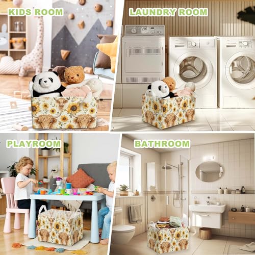 Image of Sunflower Highland Cow Storage Basket, Highland Cow Nursery Decor, Closet Shelf Organizer Baskets for Nursery Decor, Bathroom, Bedroom, Large Squarecanvas Laundry Hamper With Foldable