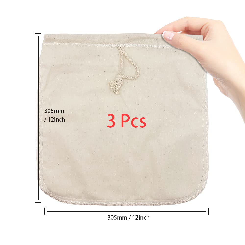 WYAN Sacchetti di filtraggio con coulisse - 3 pezzi 12x12" sacchetto di filtraggio in mussola di cotone,per latte di noci, succo di frutta, birra domestica (80 maglie)