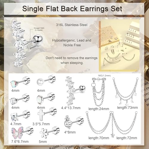 27 Pcs Flat Back Earrings Hypoallergenic Surgical Steel Cartilage Stud Earring Stacks Set for Mutiple Piercing Dainty Chain Dangle Conch Tragus Daith Helix Piercing Jewelry for Women Men Trendy 16G2