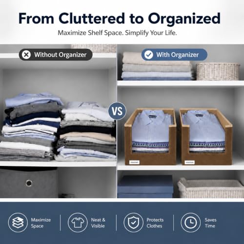 Image of VERVENIX Shirt Stacker Set of 2, Non Woven Foldable Clothes Storage Organizer with Handle, Wardrobe Closet Organizer, Space Saving Cloth Organizer for T-Shirts, Shirts, Jeans, Brown