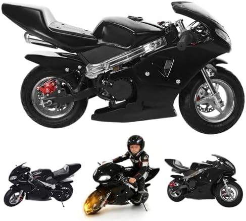 Mekkiedi Mini Pocket Bike For Kids & Adults - 49cc 2-Stroke Gas Motorcycle With Dual Headlights, Rubber Handlebars, 1.25L Tank, Black