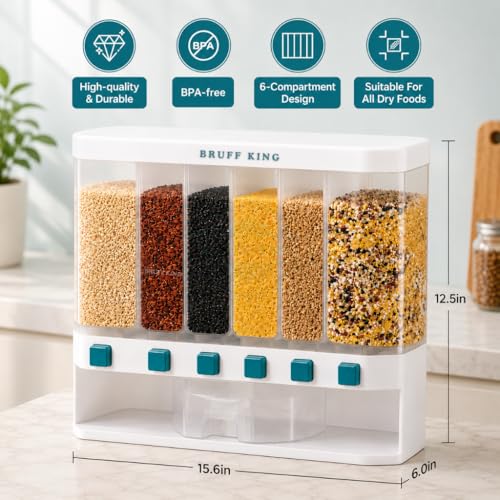 Image of 6 in 1 Wall-Mounted Grain Dispenser For Kitchen Storage Containers Organizers Box for Cereals, Pulses, Multigrain Pulses Dal Grain & Dry Food with Press Flow Control & Measuring Cup | 10 Kgs Capacity
