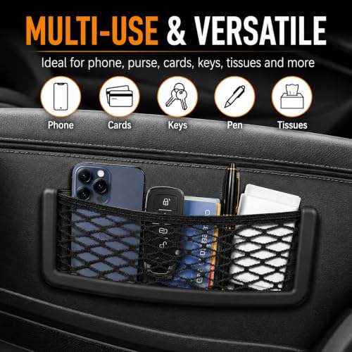 Image of Mshine Car Seat Side Mesh Pocket Net Bag Holder | Stick-On Adhesive Interior Storage Solution for Purse Phone Accessories | Durable Elastic Mesh Organizer for Vehicle Seat Gaps | Pack of 4