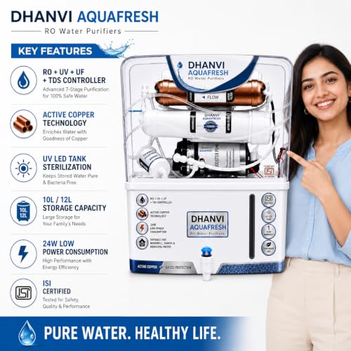 Image of DHANVI Aqua Fresh RO UV UF Copper Water Purifier | 12L Storage | TDS Adjuster | Inside Tank Technology | Home Kitchen Water Filter System