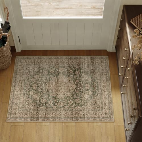 2x3 Washable Green Vintage Area Rug for Entryway Non-Slip Low Pile Traditional Carpet Retro Distressed Soft Thin Door Mat Small Accent Throw Rug for Kitchen Entrance Bathroom Indoor