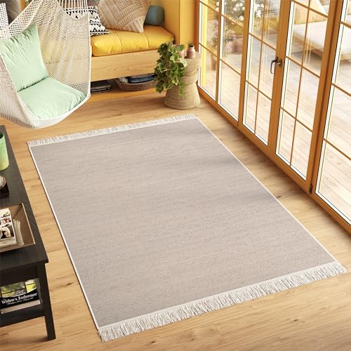 TAPISO Azteca Teppich Baumwolle Beige Creme Kurzflor mit Fransen Waschbar Modern Boho Design...