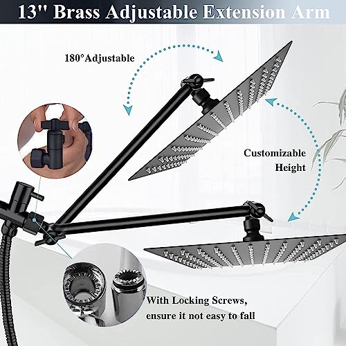 Shower Head,12 '' High Pressure Rain/Rainfall Shower Head/Handheld Showerhead Combo,13'' Brass Adjustable Extension Arm,3+2 Spray,78-Inch Hose Adhesive Showerhead Holder,Black Shower Heads #TOP3