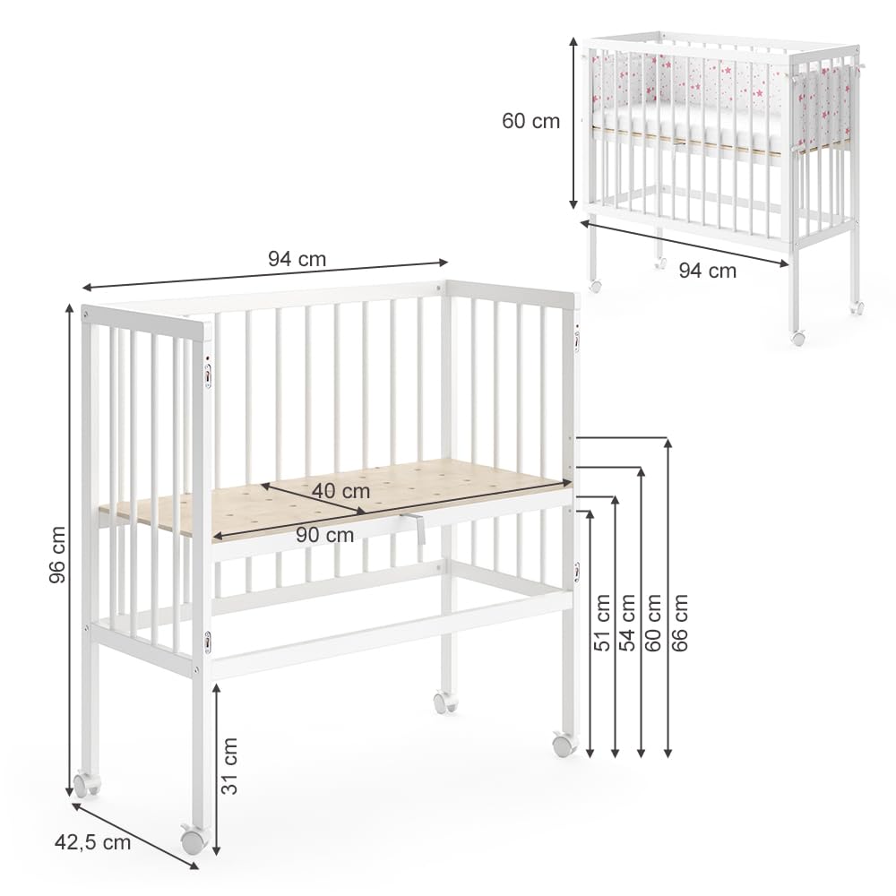VitaliSpa Lettino da attaccare al letto Sophie, Bianco, 94 x 42.5 cm 2 guide laterali, regolabile in altezza con ruote e fissaggio al letto dei genitori