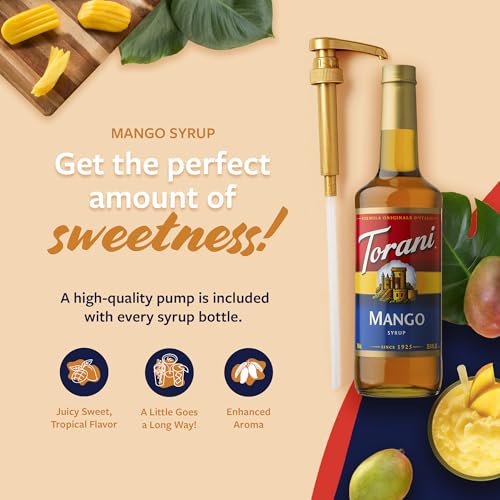 Image of Torani Mango Syrup for Drinks, Flavoring for Iced Tea, Lemonade, and Sodas, Glass Bottle with Pump Included, 25.4 Fl Oz