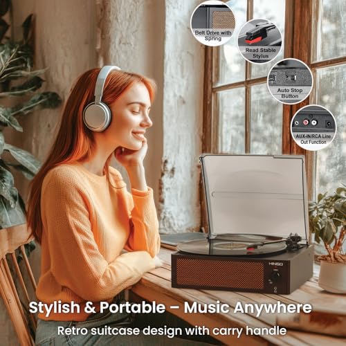 Image of HINISO Bluetooth Vinyl Record Player T516 with Bluetooth Input & Output | 3-Speed Turntable (33 /45 /78 RPM) | Built-in Speakers | RCA, AUX, Headphone Jack | Vintage Wooden Finish with Dust Cover