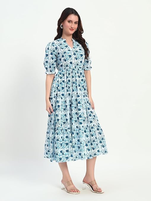 Image of PIDAVLIYA'S Women's Floral Summer Maxi Dress I Cotton Printed I One Piece Bodycon Midi Dress with V-Neck, Puffed Sleeves