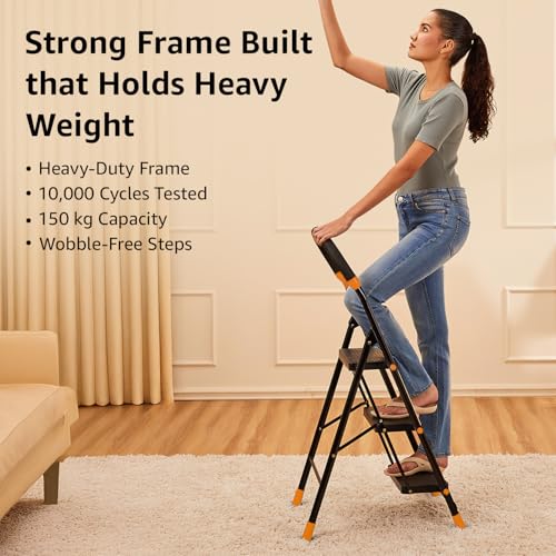 Image of Amazon Basics Curvo-Foldable Step Ladder, Ribbed Steps, Knee Guard, Non-Marring PVC Shoes, 3 Steps (Black & Orange)