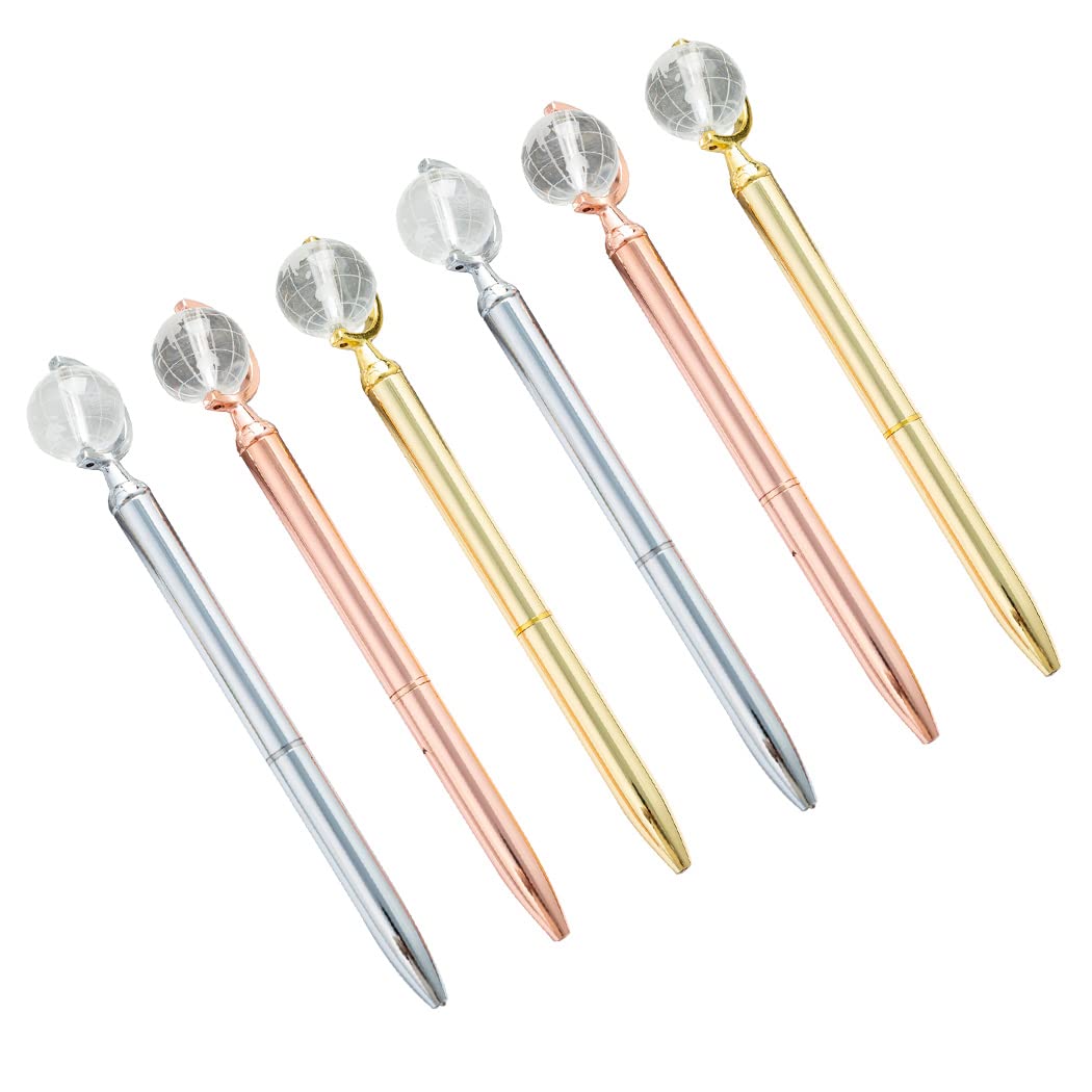 SIPLIV 6 Pieces Metal Ballpoint Pens with Black Ink, Bling Metallic Slim Ballpoint Pens Set Wedding Party Decoration Office School Supplies - Globe Shape — image 1