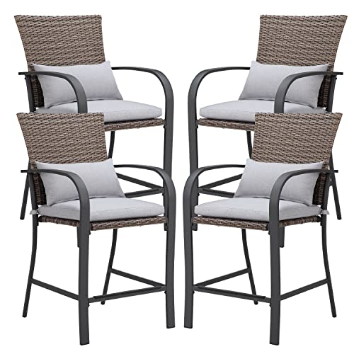 Olmia Patio Bar Stools Set 0F 4, 4 Piece Wicker Rattan Bar Stool Outside Bar Stools With Gray Cushions And Pillows, Brown Wicker Bar Height Outdoor Chairs With Foot-Rest - Steel Frame #TOP12