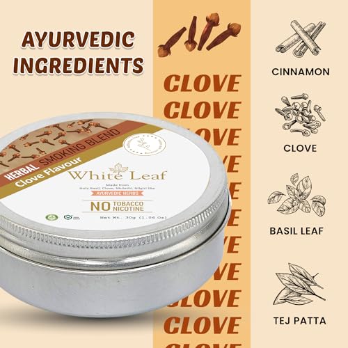 Image of White Leaf Herbal Smoking Blend 100% Tobacco Free & Nicotine Free(30g) Ayurvedic & Organic Herb Mix For Smoking | Herbal Smokes Clove Blend Herbs Mix