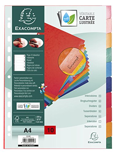 Exacompta - 2210E - Separadores en cartulina FSC® brillo de 225g/m2 con 10 pestañas de color neutro - reforzadas y plastificadas - Tira perforada reforzada - Formato para archivo A4