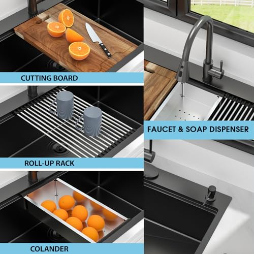 Image of Kichae 33x19 Drop In Kitchen Sink Black with Faucet Combo Stainless Steel 16 Gauge Workstation Sink Topmount Handmade Single Bowl Basin with Accessories