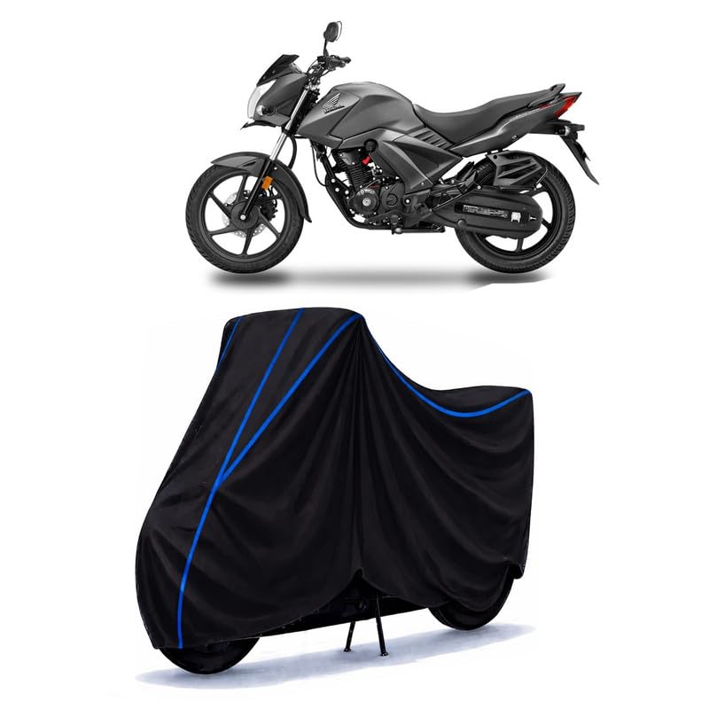 Image of Unicorn 150 BS6 Bike Cover Water Resistant Universal Motorcycle Rain | Heavy Duty UV Protection, Dust, Scratch Indoor Outdoor All Weather with Black Blue Piping Elastic
