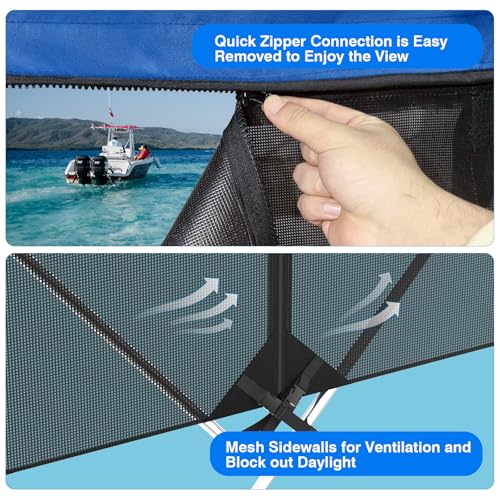 Image of Bimini Top for Boats Boat Canopy with Mesh Sidewalls (Blue, 3 Bow 67 inch-72 inchW)