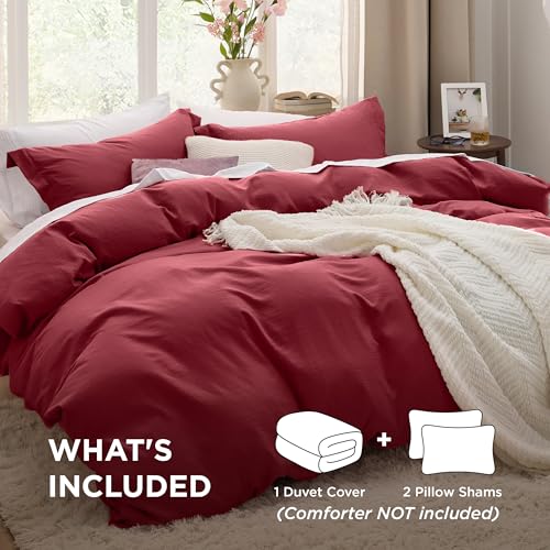 Image of Bedsure Red Duvet Cover Queen Size - 3 Pieces Prewashed Cotton-Like Polyester Extra Soft Bedding Set, Includes 1 Duvet Cover 90x90 Inches with Zipper Closure & 2 Pillow Shams, Comforter Not Included