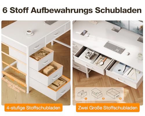 Coleshome Schreibtisch mit 6 Schubladen, 120 x 48 cm Schreibtisch Weiß mit Stauraum, Umkehrbarer Kleiner Tisch mit Kopfhörerhaken für Home Office