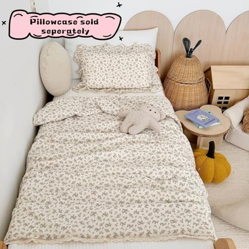 Image of BuLuTu Muslin Kids Quilt Soft Breathable Toddler Girls Boys Twin Bed Comforter, Vintage Floral Quilted Blankets with Lace Edges, Osmanthus Print, 60x78 Inches, Machine Wash
