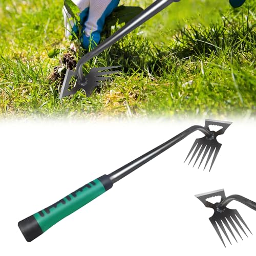 iaredon Garden Weeder Puller Tool, 6 Teeth Upgrade Weeding Artifact Uprooting Weed Tool, Manganese Steel Hand Weeder Tool, Dual Purpose Manual Weed Pulling Remover Tool with Rubber Handle