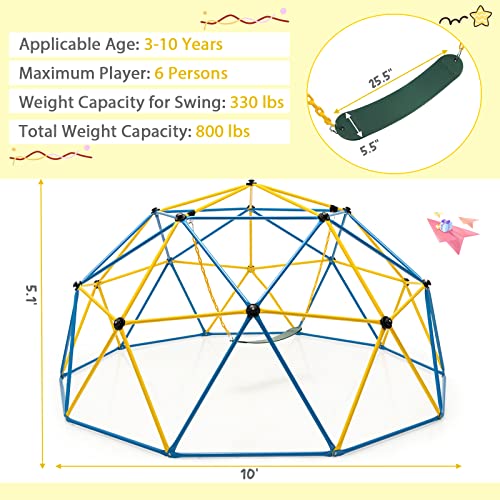 FIREFLOWERY Climbing Dome with Swing, 10 FT x 5.1 FT, Supports 800 LBS, Geometric Dome Climber for Indoor & Outdoor Use, Dome Climber for Boys Girls, Jungle Gym for Kids Ages 3-10 (Blue+ Yellow)