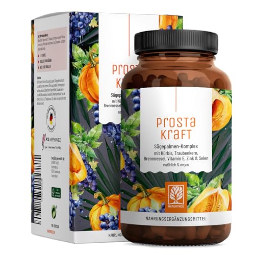 NATURTREU® Prostakraft - 120 vegane Kapseln hochdosiert mit Sägepalmenextrakt (301 mg), Brennnessel, Kürbiskern mit Vitamin E, Zink, Selen - 2 Monatsvorrat