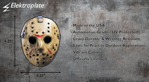 Image of Elektroplate Jason Voorhees Mask Dynamic Car Decal 4.25 inch | Officially Licensed Friday the 13th, Weatherproof Automotive Grade Horror Movie Vinyl Sticker for Water Bottle, Laptop & More