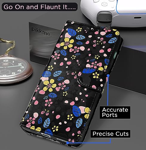 Image of Pikkme OnePlus 11R 5G Flip Cover for Girls Leather Finish | Inside TPU with Card Pockets | Wallet Stand and Shock Proof | Complete Protection Flip Case (Black Flower)