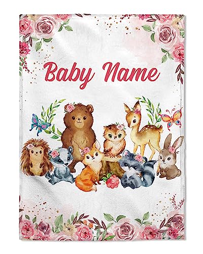 FLOCHIL Personalized Baby Blankets, Custom Baby Blanket - Baby Blanket with Name for Girls, Best Gift for Baby, Newborn Woodland Plush Fleece (30x40)