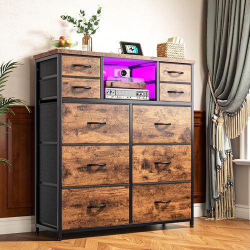 Dresser for Bedroom with 10 Drawers Featuring LED Light and Power Outlet, Fabric Dressers & Chest of Drawers with Open Shelves for Hallway, Living Room, Steel Frame,Wood Top, Rustic Brown