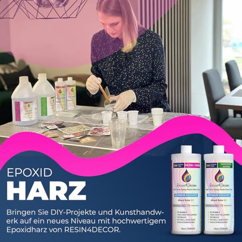 Epoxidharz Set RESIN4DECOR 1:1 Gusskristallklarer Gießharz Klebstoff für Kunsthandwerk Schmuck Formenbau Vergilbungsfrei Ungiftig 24 St Aushärtungszeit Geruchlos Resin Laminierharz - 1000ml