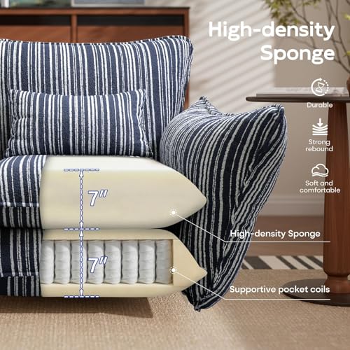 Image of Chenille Accent Chair with Lumbar Pillow, Blue Stripe, Wide Armrests, Deep Seat, 7 Inch High-Density Foam, 350 lbs Capacity
