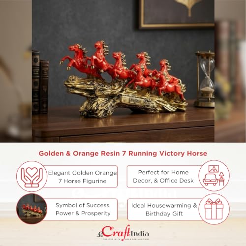 Image of eCraftIndia Golden & Orange Resin 7 Running Victory Horse Statue | Vastu Feng Shui Showpiece for Home Decor Office | Horse Figurine Good Luck Gift for Housewarming Birthday