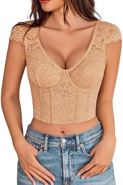 Avidlove Corset Tops for Women Floral Lace Bustier Cap Sleeve Crop Top Sexy V Neck Going Out Outfit with Buckle