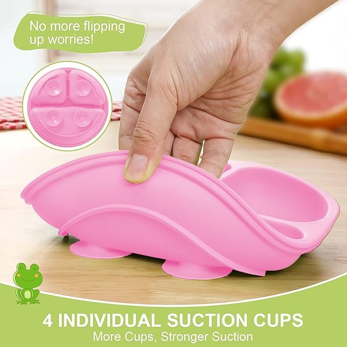 Image of BabyGo Silicone Suction Plates for Baby Microwave,Dishwasher, Freezer Safe Unbreakable with 4 Suction Cup Feeding Plate for Baby & Toddlers, BPA Free (Pink)