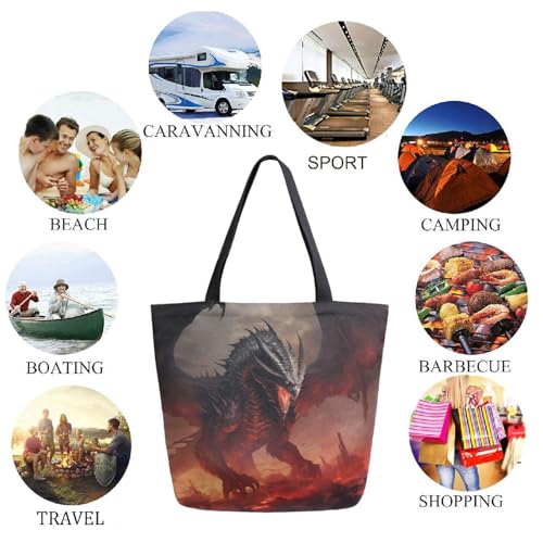 Stylish Extra Large Shoulder Grocery Tote Bag, Cool Black Dragon with Red Eyes Fantasy Canvas Daily Handle Bag for Gym Weekender Beach Travel Kitchen Reusable Market Shopping2