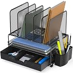 Simple Houseware Mesh Desk Organizer with Sliding Drawer, Double Tray and 5 Upright Sections, Black - Image 5