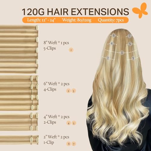 Image of DOORES Clip in Human Hair Extensions Balayage Dark Blonde Highlighted Bleach Blonde 120g 7pcs 18 Inch Straight Thick Hair Extensions